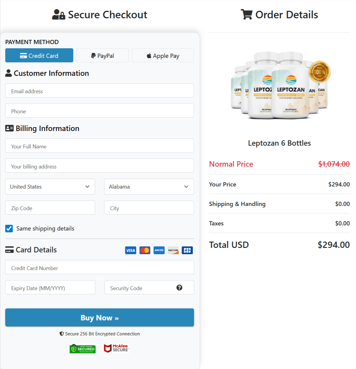 Leptozan Checkout page